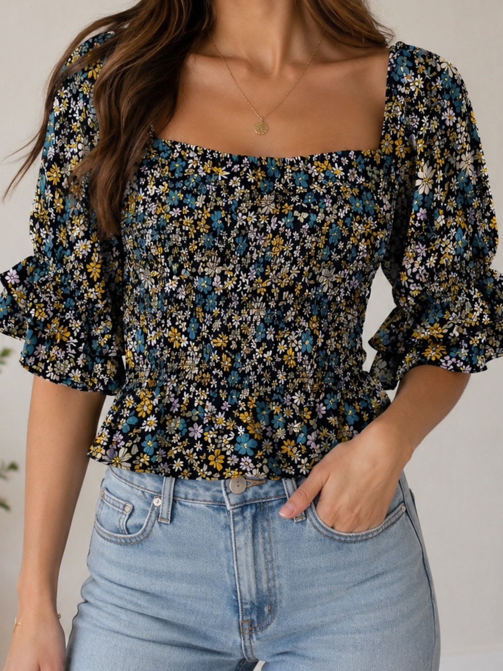 Patrons of Peace Black Floral Smocked Square-Neck Blouse